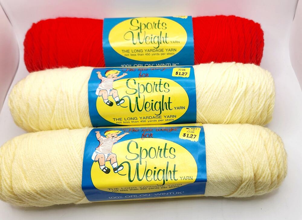3 Skeins of Sports Weight Yarn  2 Baby Yellow 3204 & Flame 3121 Brand New